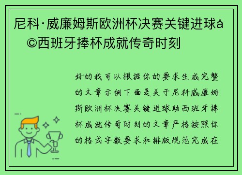 尼科·威廉姆斯欧洲杯决赛关键进球助西班牙捧杯成就传奇时刻