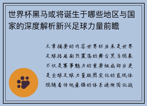 世界杯黑马或将诞生于哪些地区与国家的深度解析新兴足球力量前瞻