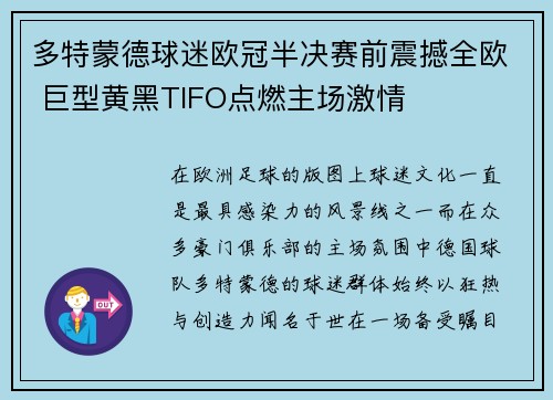 多特蒙德球迷欧冠半决赛前震撼全欧 巨型黄黑TIFO点燃主场激情